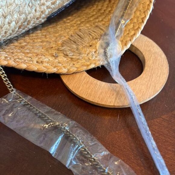 Antik Kraft Jute Woven Clutch With‎ Wooden Handles & Pink Pattern purse handbag - Picture 7 of 10